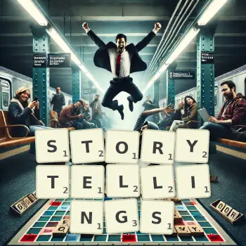 Creative illustration for a Scrabble game with the word STORYTELLINGS spelled out in tiles on the board.
