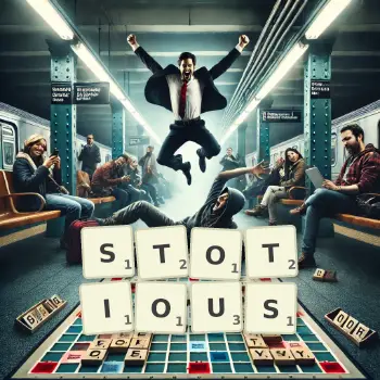 Creative illustration for a Scrabble game with the word STOTIOUS spelled out in tiles on the board.