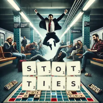 Creative illustration for a Scrabble game with the word STOTTIES spelled out in tiles on the board.