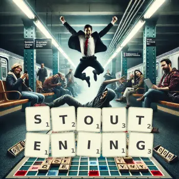 Creative illustration for a Scrabble game with the word STOUTENING spelled out in tiles on the board.