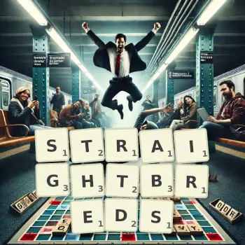 Creative illustration for a Scrabble game with the word STRAIGHTBREDS spelled out in tiles on the board.