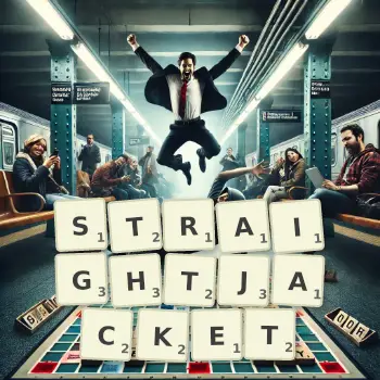 Creative illustration for a Scrabble game with the word STRAIGHTJACKET spelled out in tiles on the board.