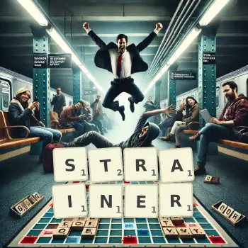 Creative illustration for a Scrabble game with the word STRAINER spelled out in tiles on the board.