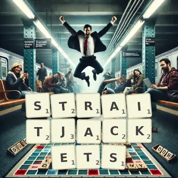 Creative illustration for a Scrabble game with the word STRAITJACKETS spelled out in tiles on the board.