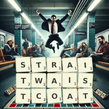 Creative illustration for a Scrabble game with the word STRAITWAISTCOAT spelled out in tiles on the board.