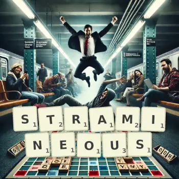 Creative illustration for a Scrabble game with the word STRAMINEOUS spelled out in tiles on the board.