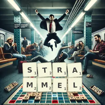 Creative illustration for a Scrabble game with the word STRAMMEL spelled out in tiles on the board.