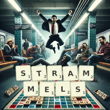 Creative illustration for a Scrabble game with the word STRAMMELS spelled out in tiles on the board.