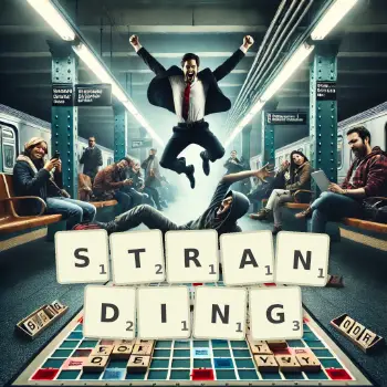Creative illustration for a Scrabble game with the word STRANDING spelled out in tiles on the board.
