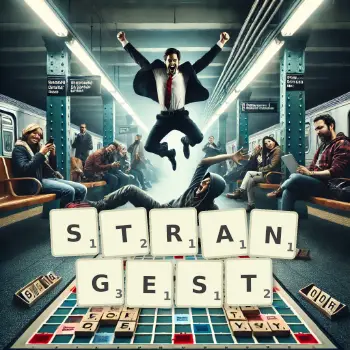 Creative illustration for a Scrabble game with the word STRANGEST spelled out in tiles on the board.