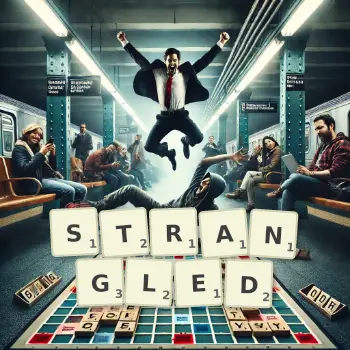 Creative illustration for a Scrabble game with the word STRANGLED spelled out in tiles on the board.