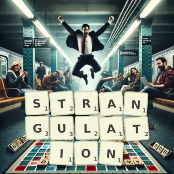 Creative illustration for a Scrabble game with the word STRANGULATION spelled out in tiles on the board.