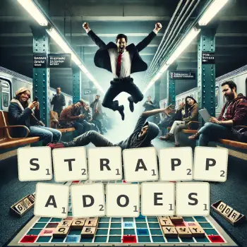 Creative illustration for a Scrabble game with the word STRAPPADOES spelled out in tiles on the board.