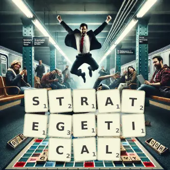 Creative illustration for a Scrabble game with the word STRATEGETICAL spelled out in tiles on the board.