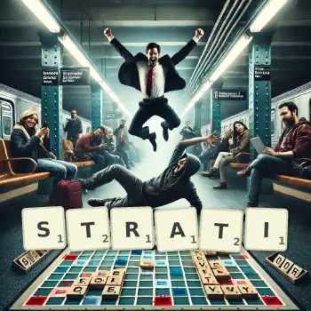 Creative illustration for a Scrabble game with the word STRATI spelled out in tiles on the board.