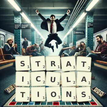 Creative illustration for a Scrabble game with the word STRATICULATIONS spelled out in tiles on the board.