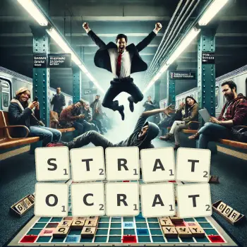 Creative illustration for a Scrabble game with the word STRATOCRAT spelled out in tiles on the board.