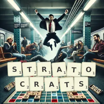 Creative illustration for a Scrabble game with the word STRATOCRATS spelled out in tiles on the board.