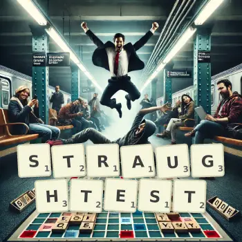 Creative illustration for a Scrabble game with the word STRAUGHTEST spelled out in tiles on the board.