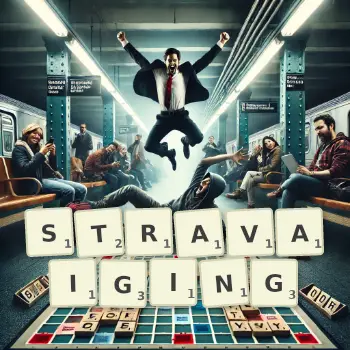 Creative illustration for a Scrabble game with the word STRAVAIGING spelled out in tiles on the board.