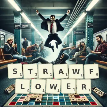 Creative illustration for a Scrabble game with the word STRAWFLOWER spelled out in tiles on the board.