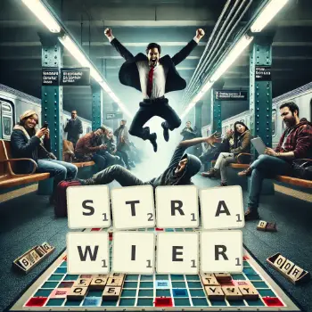 Creative illustration for a Scrabble game with the word STRAWIER spelled out in tiles on the board.