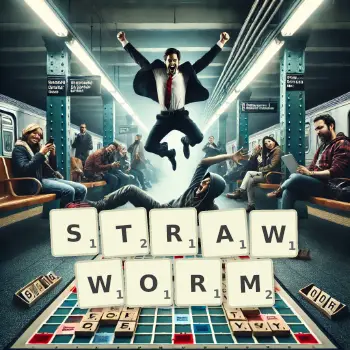 Creative illustration for a Scrabble game with the word STRAWWORM spelled out in tiles on the board.