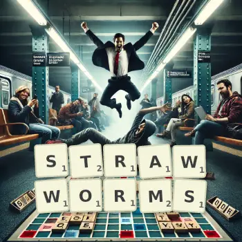 Creative illustration for a Scrabble game with the word STRAWWORMS spelled out in tiles on the board.
