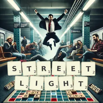 Creative illustration for a Scrabble game with the word STREETLIGHT spelled out in tiles on the board.