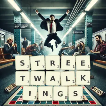 Creative illustration for a Scrabble game with the word STREETWALKINGS spelled out in tiles on the board.