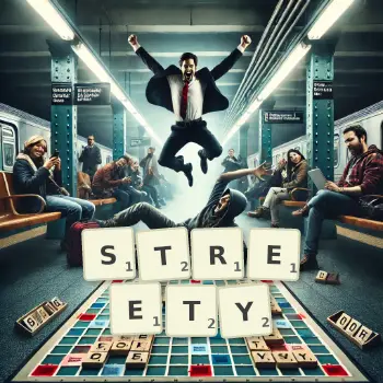 Creative illustration for a Scrabble game with the word STREETY spelled out in tiles on the board.