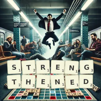 Creative illustration for a Scrabble game with the word STRENGTHENED spelled out in tiles on the board.