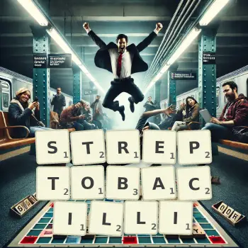 Creative illustration for a Scrabble game with the word STREPTOBACILLI spelled out in tiles on the board.