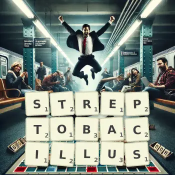 Creative illustration for a Scrabble game with the word STREPTOBACILLUS spelled out in tiles on the board.