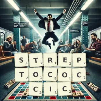 Creative illustration for a Scrabble game with the word STREPTOCOCCIC spelled out in tiles on the board.