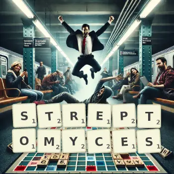 Creative illustration for a Scrabble game with the word STREPTOMYCES spelled out in tiles on the board.