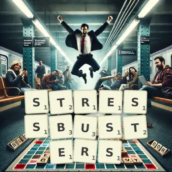 Creative illustration for a Scrabble game with the word STRESSBUSTERS spelled out in tiles on the board.