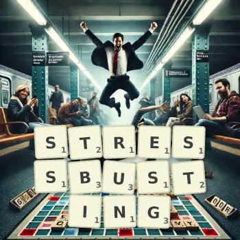 Creative illustration for a Scrabble game with the word STRESSBUSTING spelled out in tiles on the board.