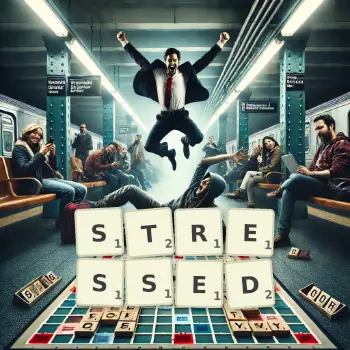 Creative illustration for a Scrabble game with the word STRESSED spelled out in tiles on the board.