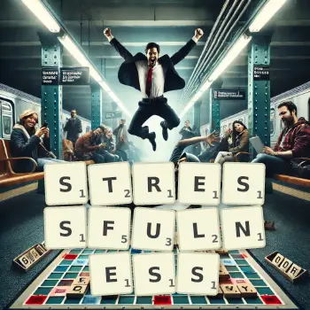 Creative illustration for a Scrabble game with the word STRESSFULNESS spelled out in tiles on the board.