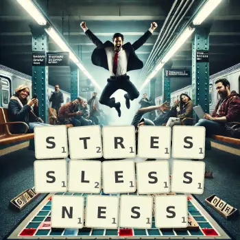 Creative illustration for a Scrabble game with the word STRESSLESSNESS spelled out in tiles on the board.