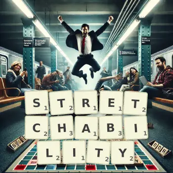 Creative illustration for a Scrabble game with the word STRETCHABILITY spelled out in tiles on the board.