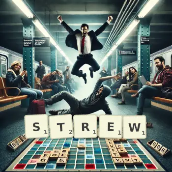 Creative illustration for a Scrabble game with the word STREW spelled out in tiles on the board.