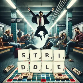 Creative illustration for a Scrabble game with the word STRIDDLE spelled out in tiles on the board.