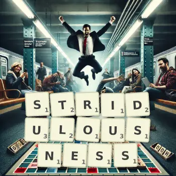 Creative illustration for a Scrabble game with the word STRIDULOUSNESS spelled out in tiles on the board.