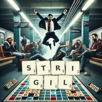 Creative illustration for a Scrabble game with the word STRIGIL spelled out in tiles on the board.