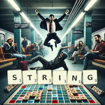 Creative illustration for a Scrabble game with the word STRING spelled out in tiles on the board.