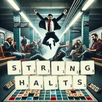 Creative illustration for a Scrabble game with the word STRINGHALTS spelled out in tiles on the board.