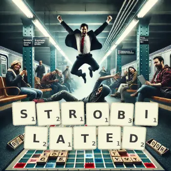 Creative illustration for a Scrabble game with the word STROBILATED spelled out in tiles on the board.