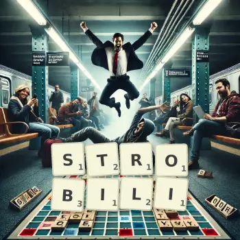 Creative illustration for a Scrabble game with the word STROBILI spelled out in tiles on the board.
